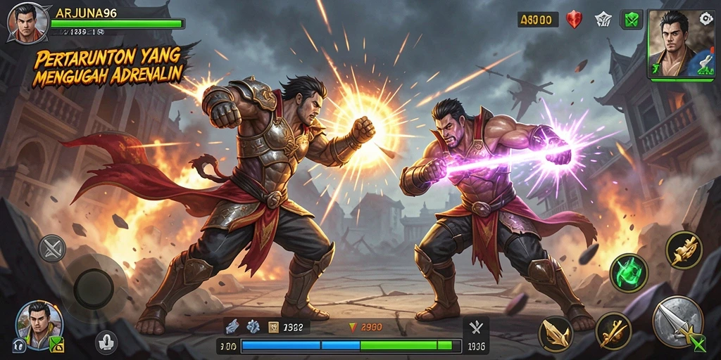 Tampilan gameplay ARJUNA96 yang intens di arena pertarungan.