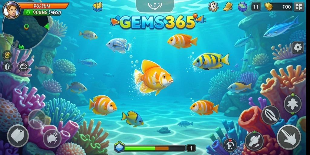 Screenshot GEMS365 menampilkan aksi seru menangkap ikan di bawah laut.
