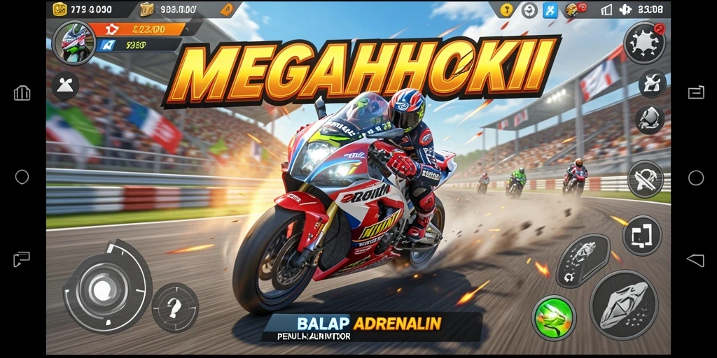 Tampilan gameplay seru dalam MEGAHOKI dengan balapan motor yang mendebarkan.