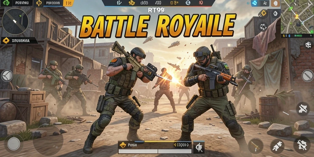 Screenshot gameplay RT99 menampilkan aksi seru dalam pertempuran Battle Royale.