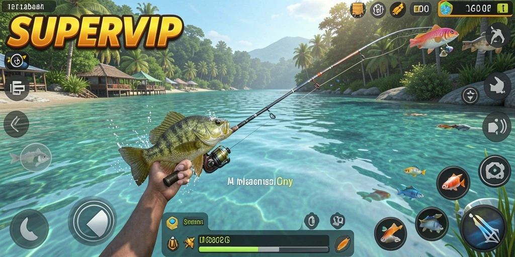 Screenshot gameplay <strong>SUPERVIP</strong> menampilkan suasana memancing yang menawan.