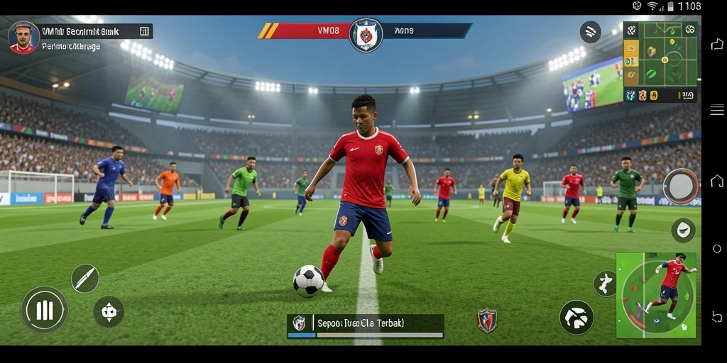 Screenshot gameplay VM108 menunjukkan aksi seru di lapangan sepak bola.